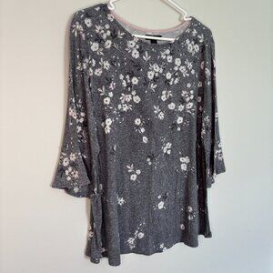 SIMPLY VERA VERA WANG Tunic Womens L 3/4 Bell Slv Floral Gray Stretch Soft